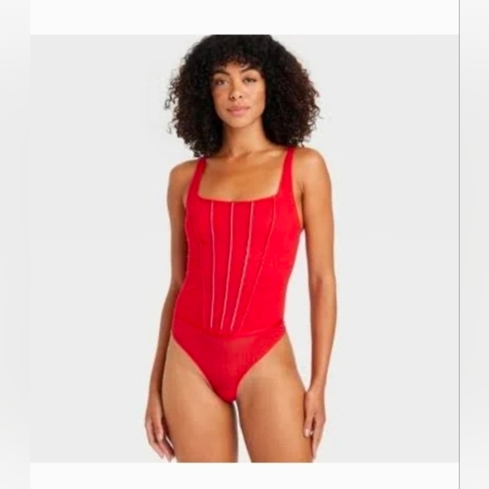 Auden Women's Rhinestone Lingerie Bodysuit  Red